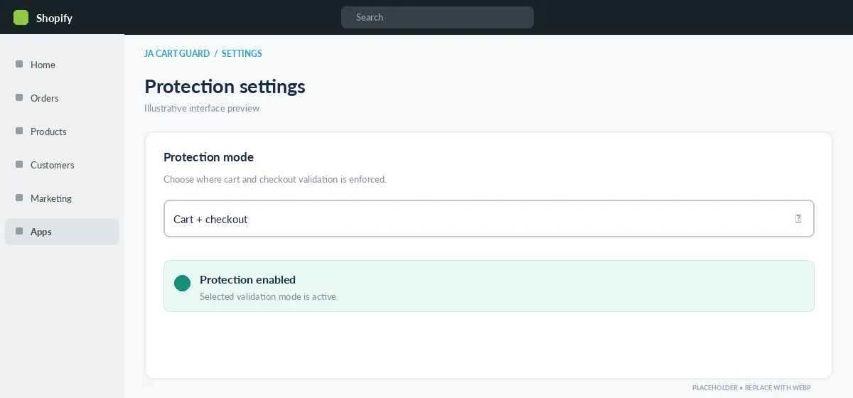 JA Cart Guard protection settings screen